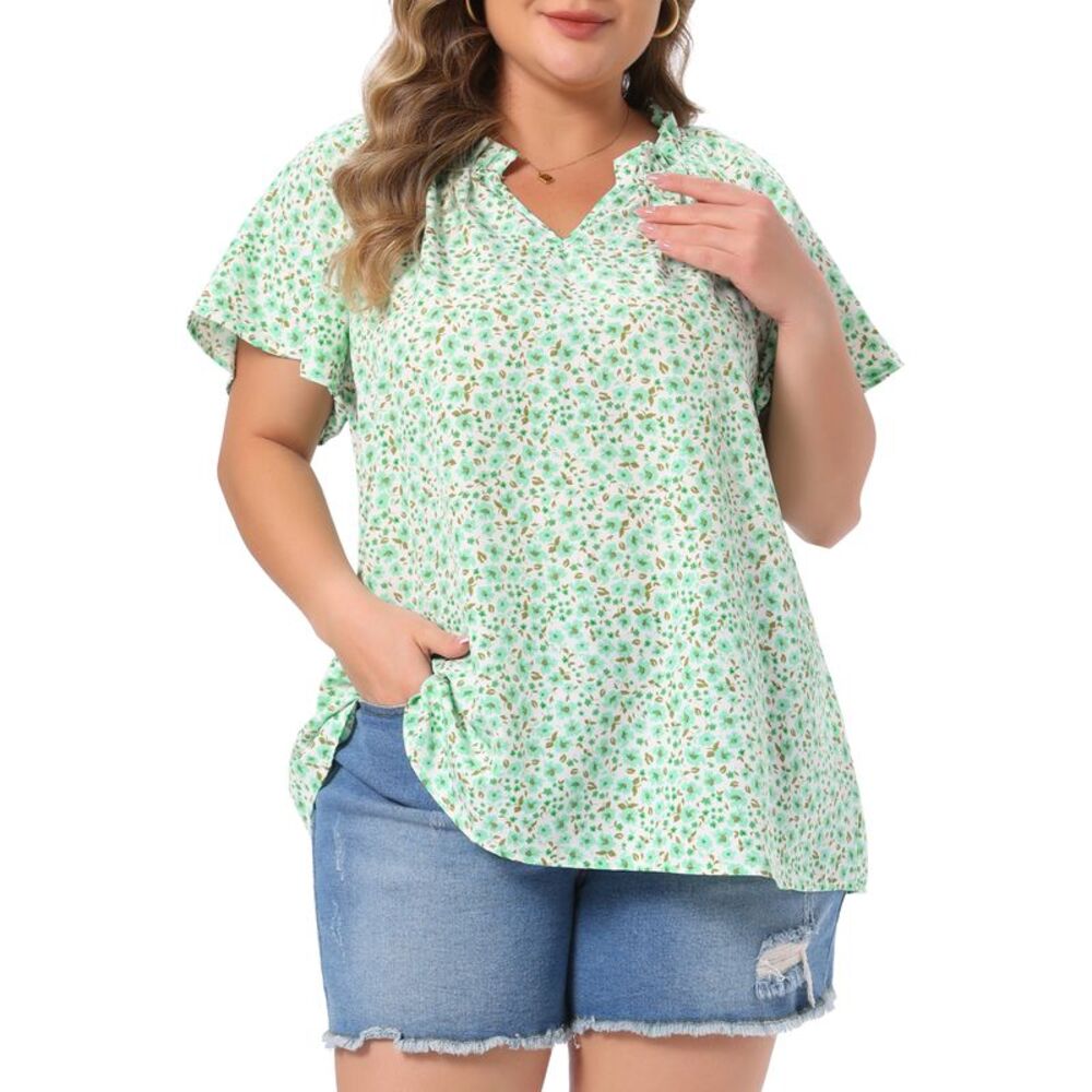Women Plus Size Ruffle Notch V Neck Short Sleeve Floral Blouse Light Green